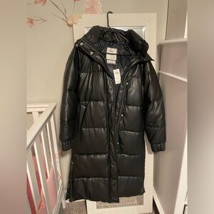 Long faux leather black puffer coat